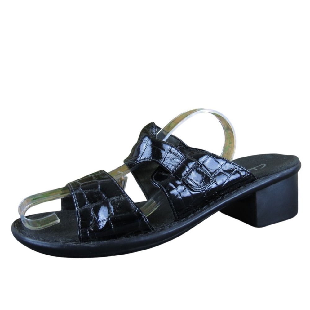 Clarks‎ Women's Black Croc Print Slide Sandals Size 7M Low Block Heel